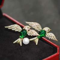ethnic simple retro micro zircon green lovebird broochtemperament animal suit pin female accessories double birds pearl brooches