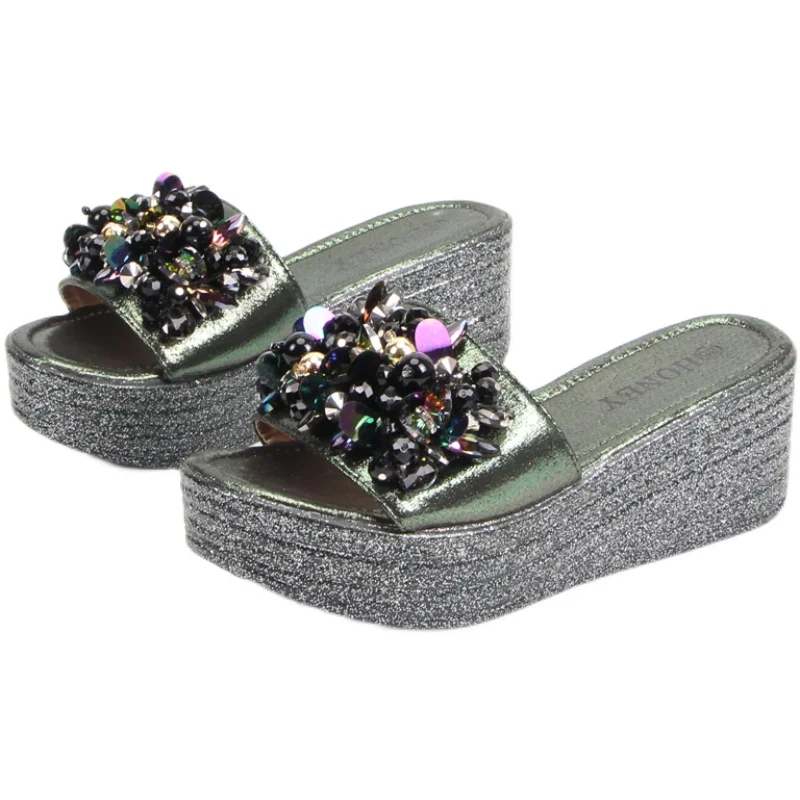 

House Slippers Platform Female Shoes Slides String Bead Women Heels On A Wedge Rubber Flip Flops 2021 Soft High Flat Hawaiian