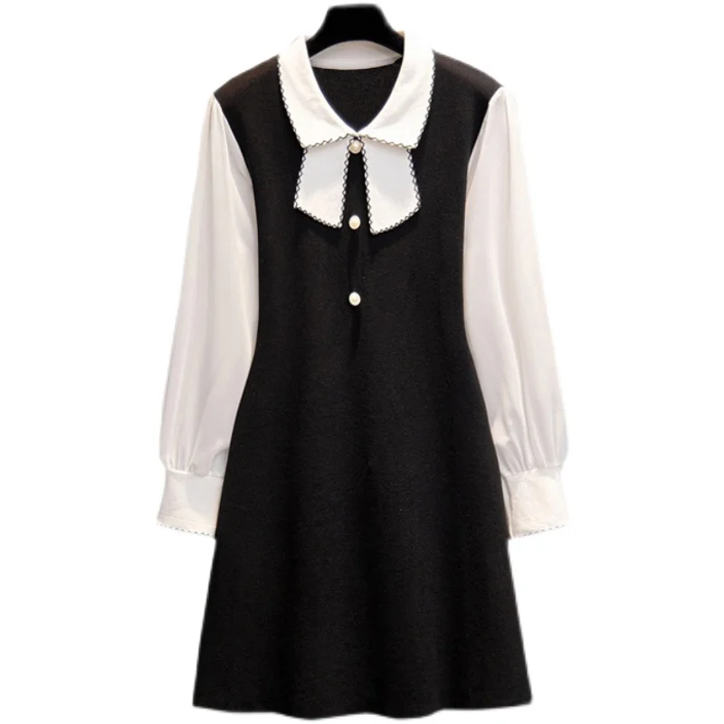 

M-4XL plus size women elegant Office bow kintting thick dress vestido autumn winter 2021 button Patchwork sweater short dresses