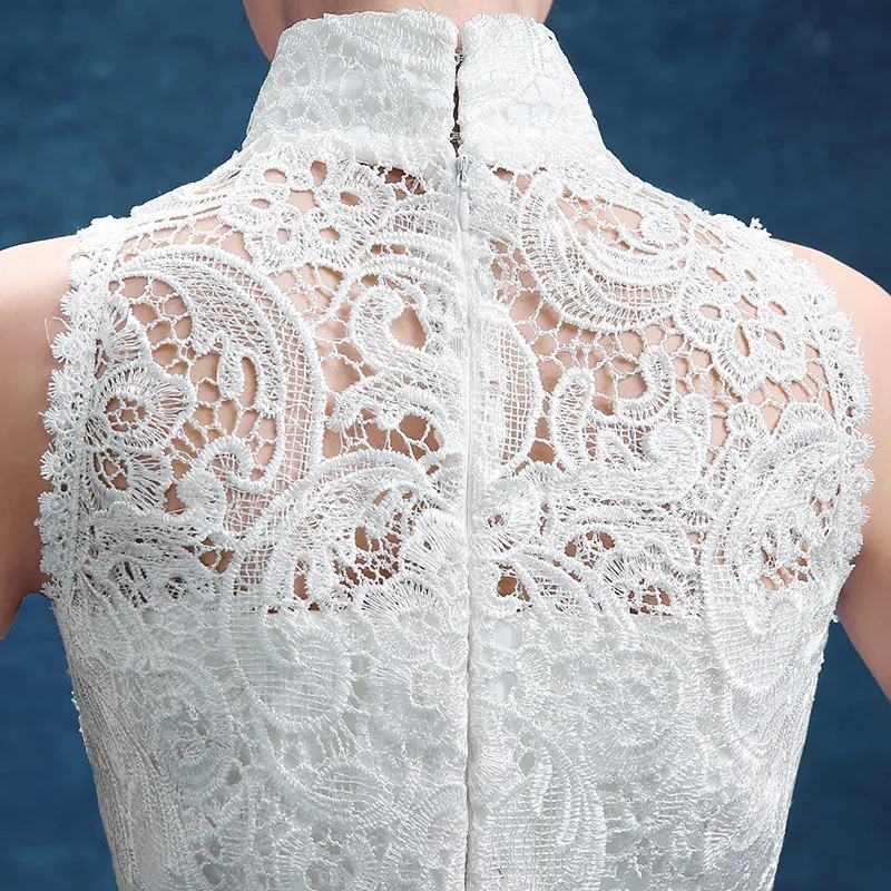 

White Women Long Lace Mermaid Party Dress Cheongsam Mandarin Collar Elegant Sexy Sleeveless Gown Vestido XS-3XL