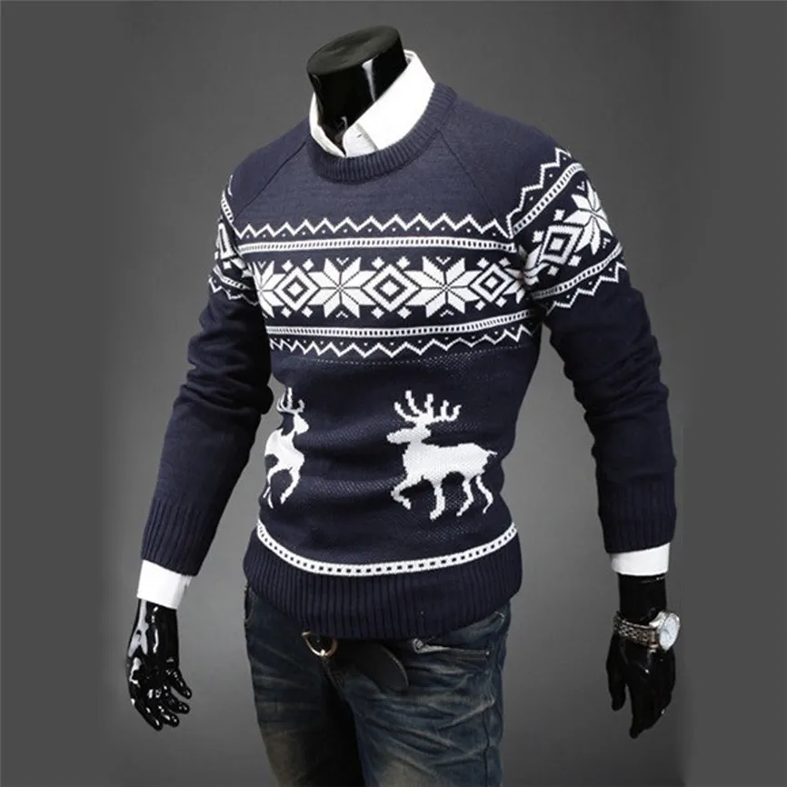 Mens Causal O Neck Sweater Deer Printed Autumn Winter Christmas Pullover Knitted Jumper Sweaters Slim Fit Male Clothes
