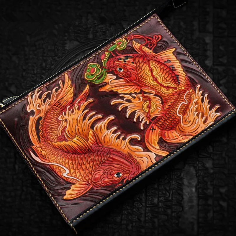 

Handmade Men Vegetable Tanned Leather Carving Double Carp Bag Money Holder Clutch Purse Cigarette Pocket Man Clutches