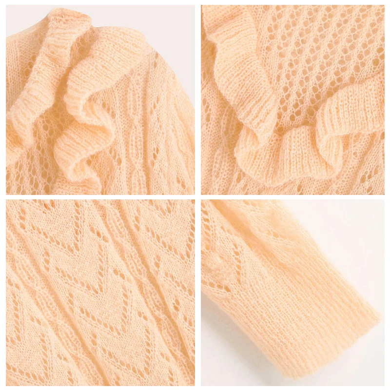 ROHOPO длинный рукав оверлокированный круглый воротник спереди свитер с оборками