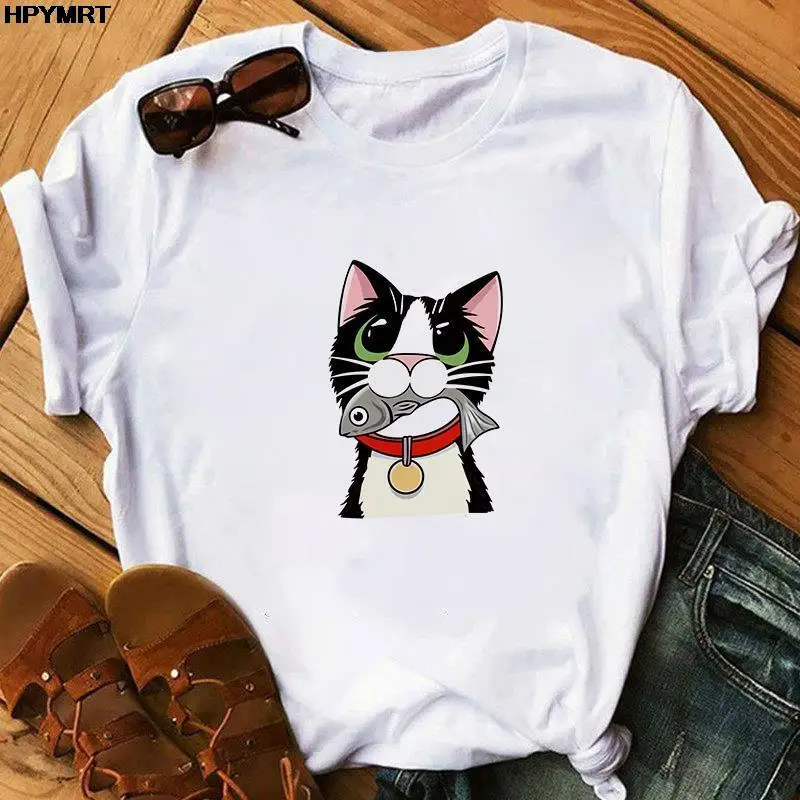 

Женская футболка с принтом мультяшного кота, модная забавная одежда, футболки, женская футболка, топы, кавайная футболка с графическим прин...