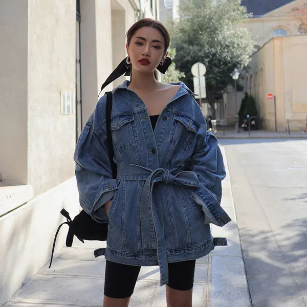 

Fashion new old single-breasted lapel drop shoulder sleeves bandwidth loose long section denim jacket