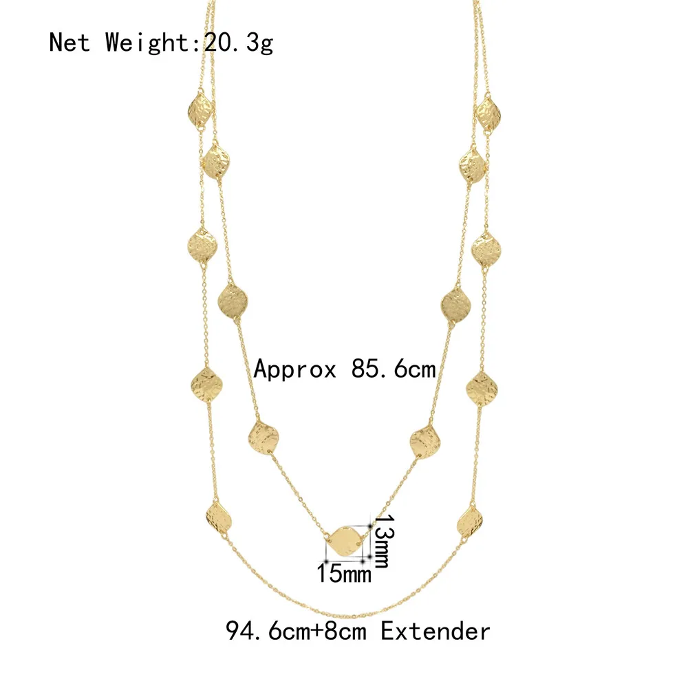 

Simple Trendy Gold Color Plating Hammered Leaf Strand Layered Long Necklace For Women Girl Sweater Decoration