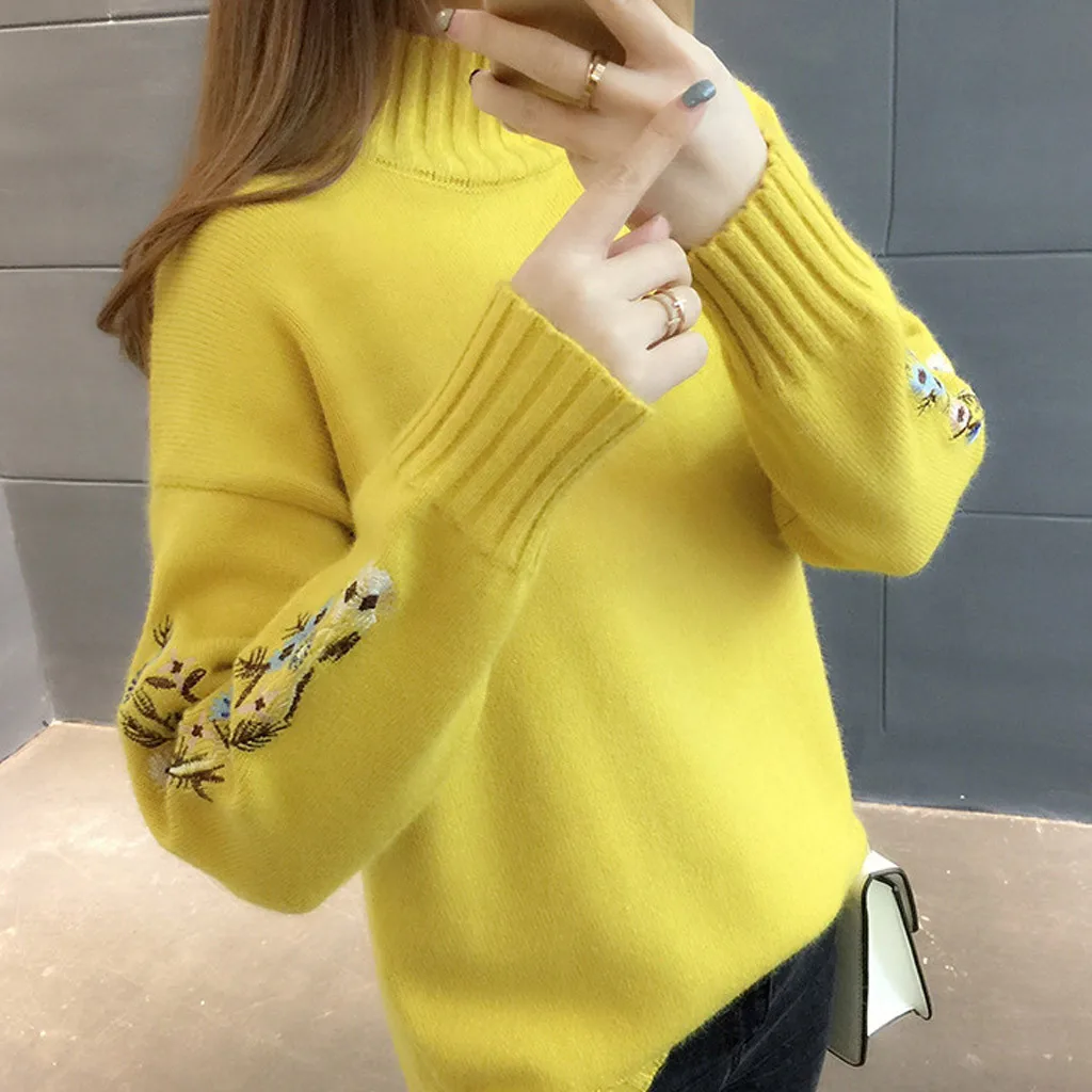 New Loose Thick Warm Winter Pullover Sweater Women Embroidery Jumper Half Turtleneck Long Sleeve Knit Yellow Sweater Female