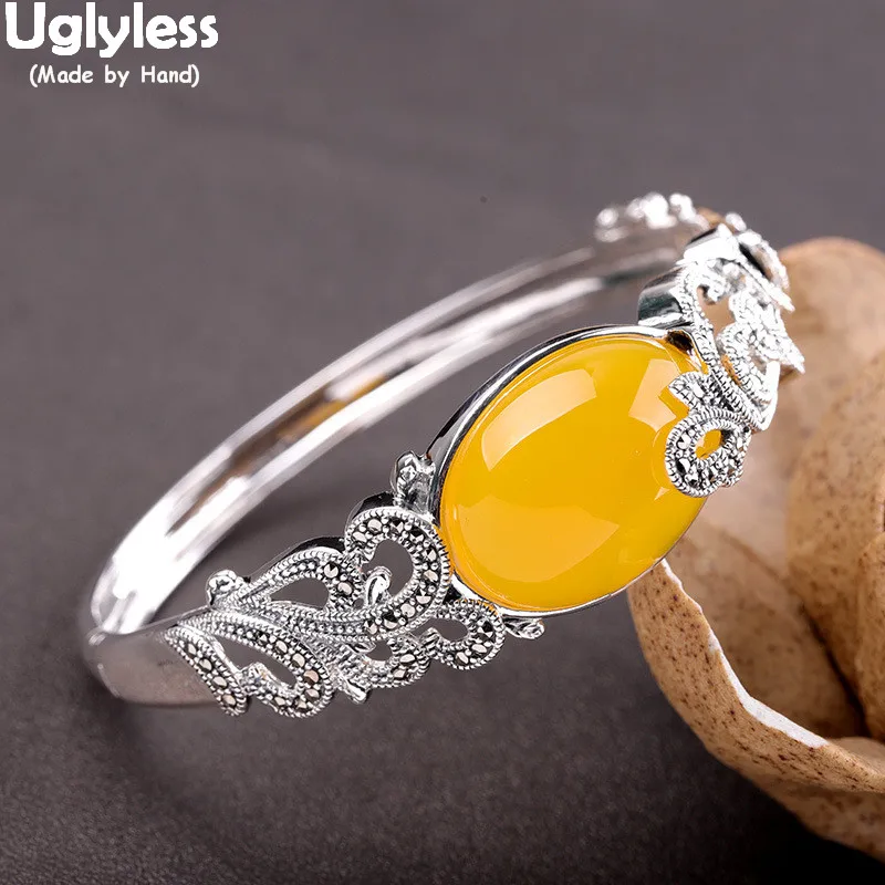 

Uglyless Thai Silver Vines Ethnic Vintage Jewelry for Women Chalcedony Garnet Opening Bangles Real 925 Silver Bracelets Jewelry