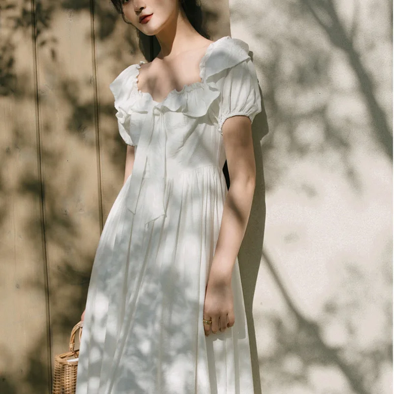 DEAT для отдыха рукав-фонарик квадратный воротник до середины икры платья женщин