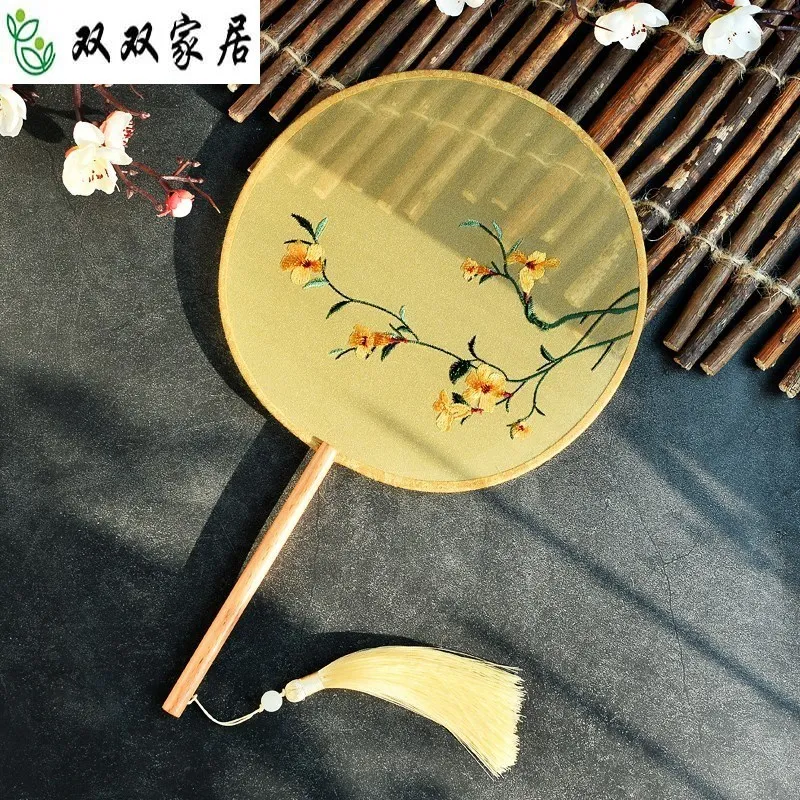 Круглый вышитый веер Hanfu с длинной ручкой китайский бамбуковый портативный