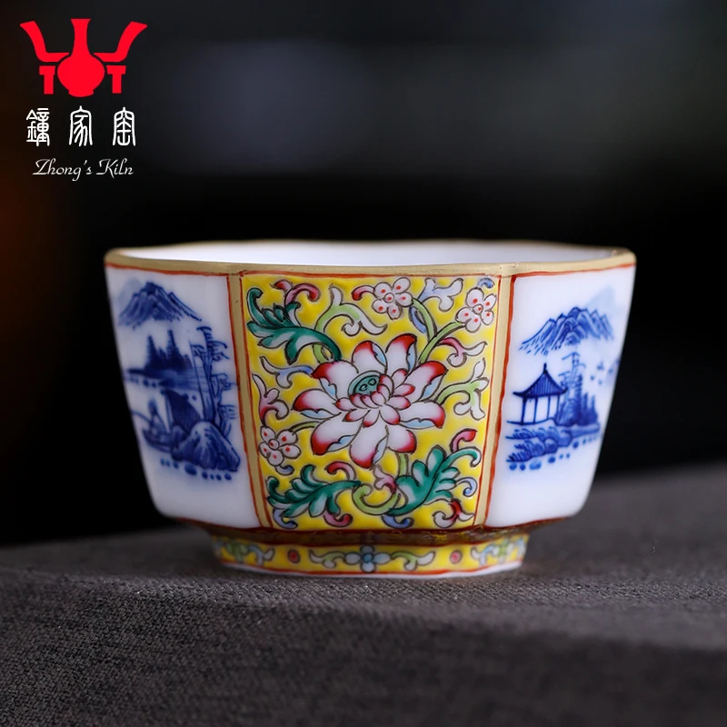 

hand painted blue and white landscape enamel color twined branch lotus pattern liufangshan water cup Jingdezhen tea set