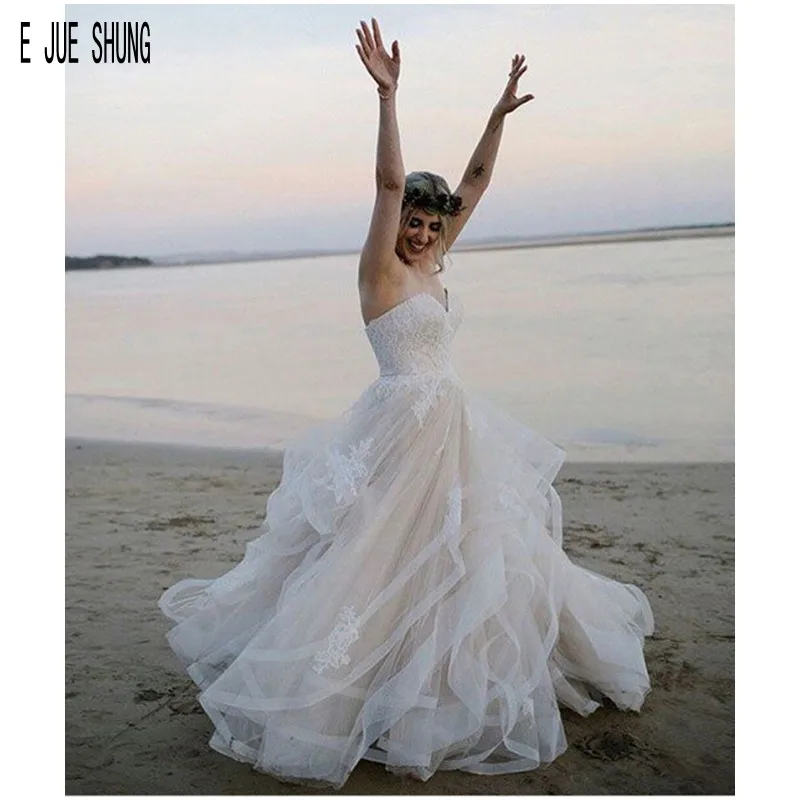 

E JUE SHUNG Charming Beach Wedding Dresses Sweetheart Backless Lace Appliques Tiered A Line Ruffles Bridal Gowns Robe De Mariee