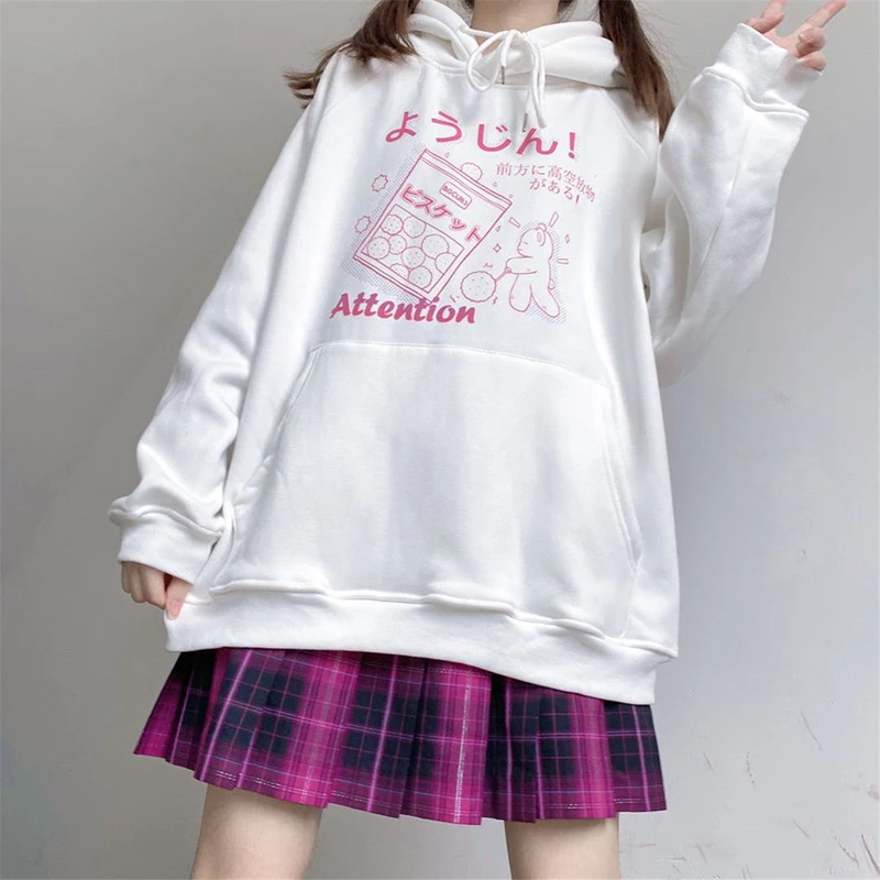 

Spring summer loose Harajuku style black hoodies women sweet cartoon printed casual hooded long sleeve sweatshirts woman clothes