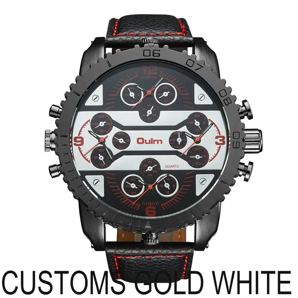 CUSTOMS GOLD WHITE OULM спортивные кварцевые часы мужские большой чехол военные мужские s часы лучший бренд класса люкс кожаный ремешок 4 часовых пояса модные повседневные наручные часы - Цвет: CUSTOMS GOLD WHITE