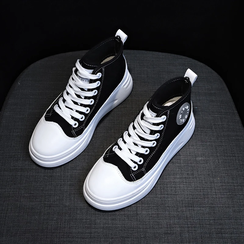 2019 черные осенние парусиновые женские кроссовки на толстой подошве модные