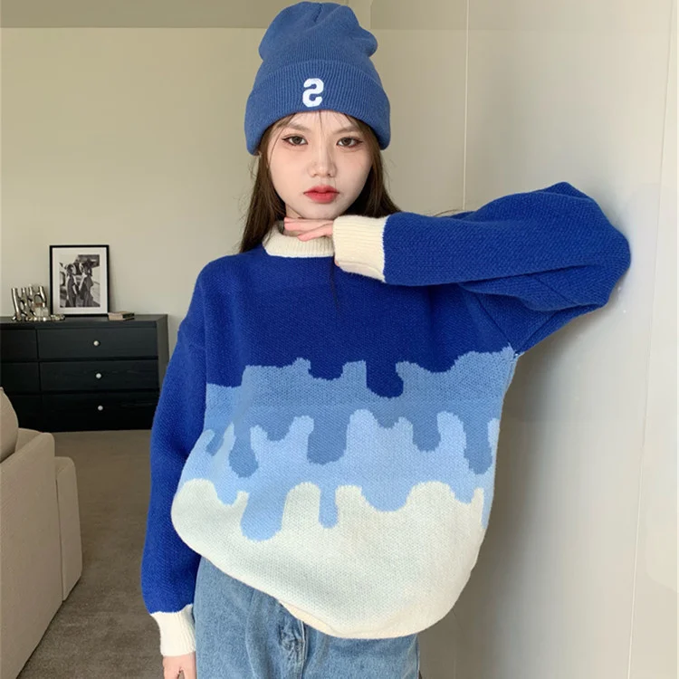 

2021 Autumn Winter New Gradient Round Neck Pullover Sweater Fashion Korean Loose Boyfriend Casual Thickened Sweater
