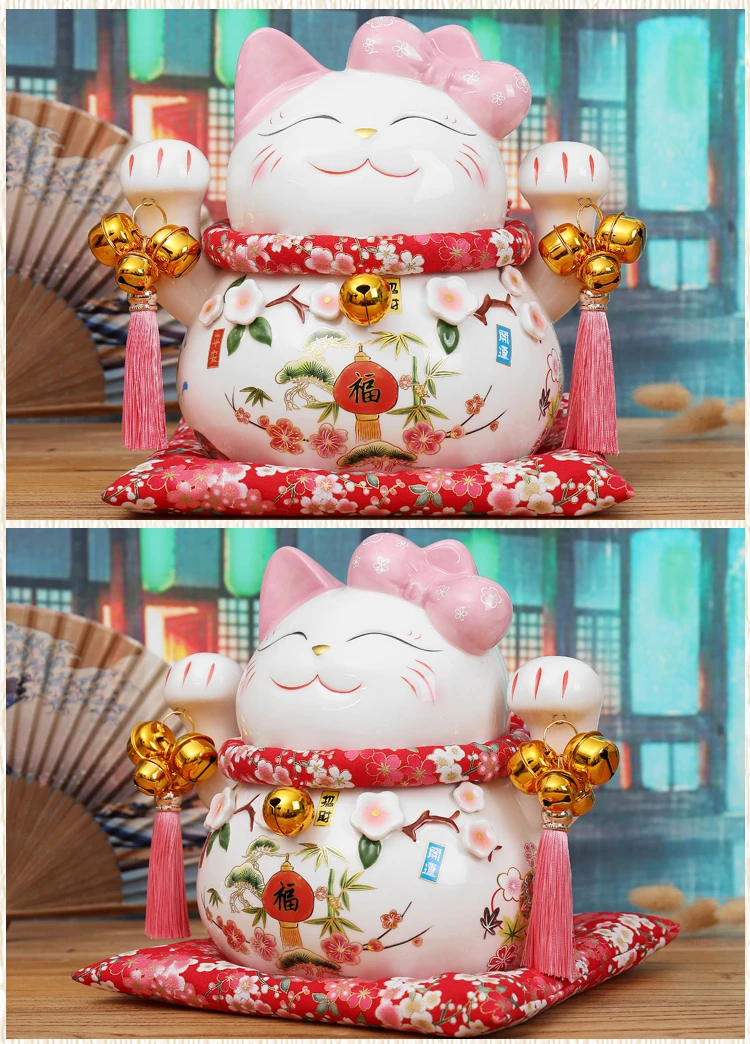 Мультяшная Статуэтка Maneki Neko Oranment, керамическая фигурка счастливого кота, розовый галстук-бабочка, статуя кота Фортуны, Домашняя Декоративная копилка, копилка