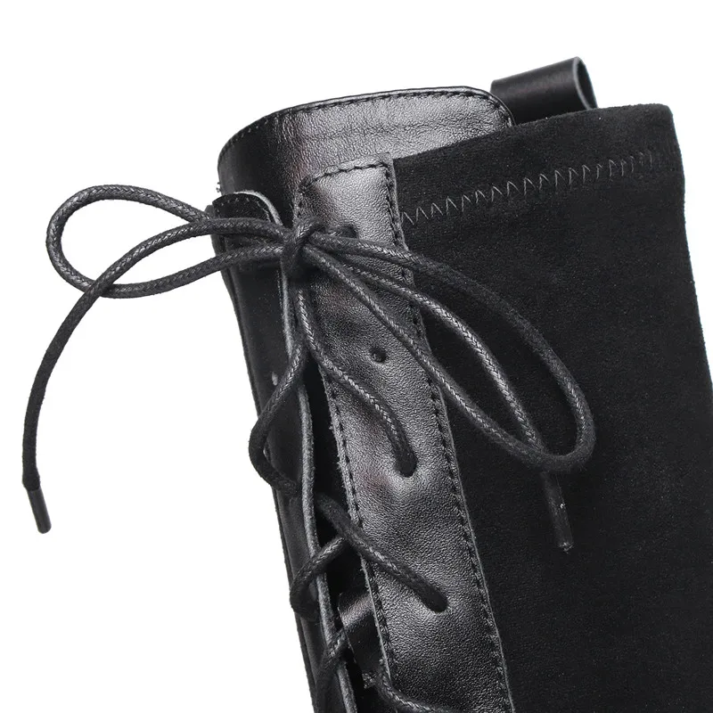 FEDONAS Women Cross Tied Knee High Boots Winter Newest Sexy Long Boots Night Club Shoes Woman Genuine Leather Warm Flock Boots