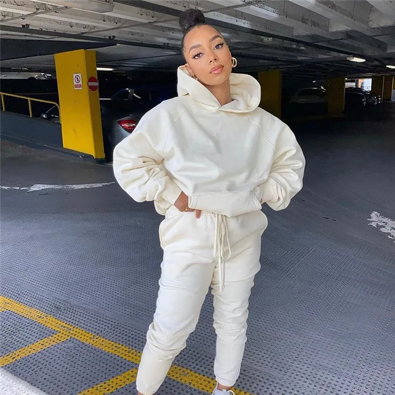 

VS&LLWQ 2020 Autumn Winter Solid Women Set Hooded Sweatshirt Jogger Pants Suit Tracksuit Matching Two Piece Set Casual Outfits