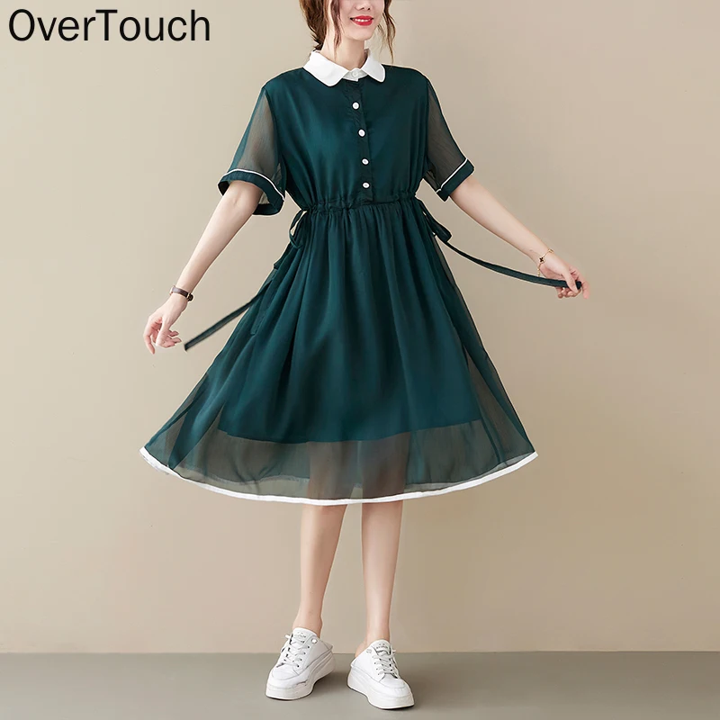 

2021 Plus Size Summer Shirt Dress Chiffon Sundress Women Clothing Fashion Pleated Lady Dress Loose Casual Dress Green