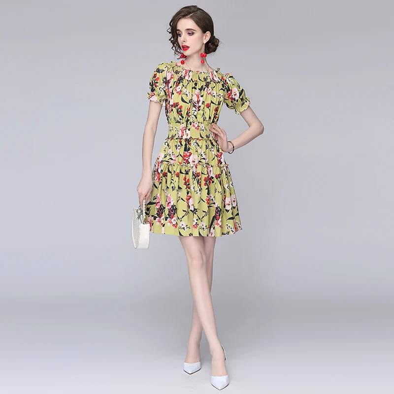 

Merchall New Women Summer Fashion Elegant Mini Dress Slash Neck Puff Sleeve Elastic Waist Floral Print Vintage Party Robe M61558