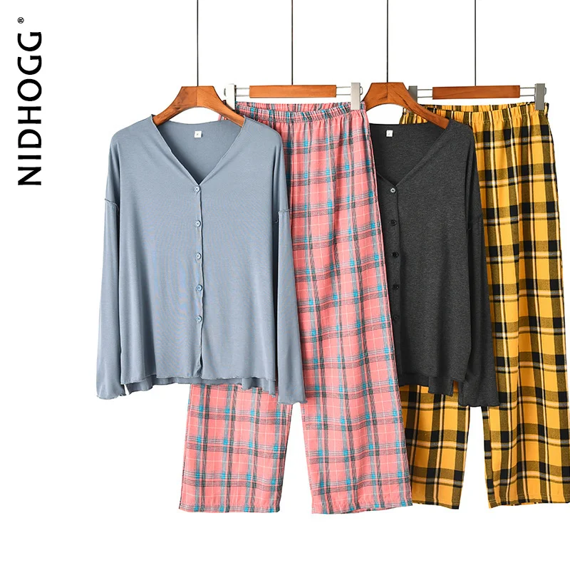 

2021 Women Cotton Pajamas Spring Fashion V-neck Cardigan Sleepwear Long Sleeve Plaid Trousers Lounge Wear 2 Piece Sexy Nightwear