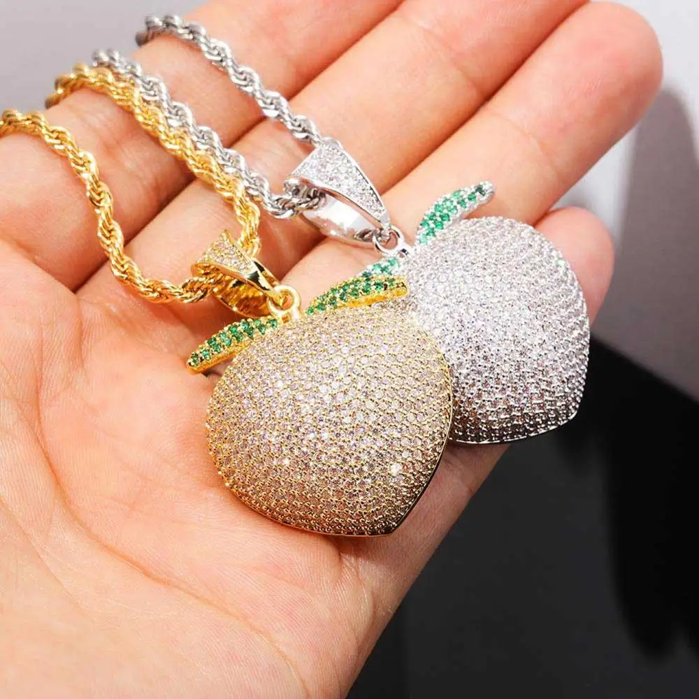 New Iced out Fruit Pendant Necklace With Tennis Chain Gold Color Cubic Zirconia Mens Women Hip hop Jewelry Bling | Украшения и