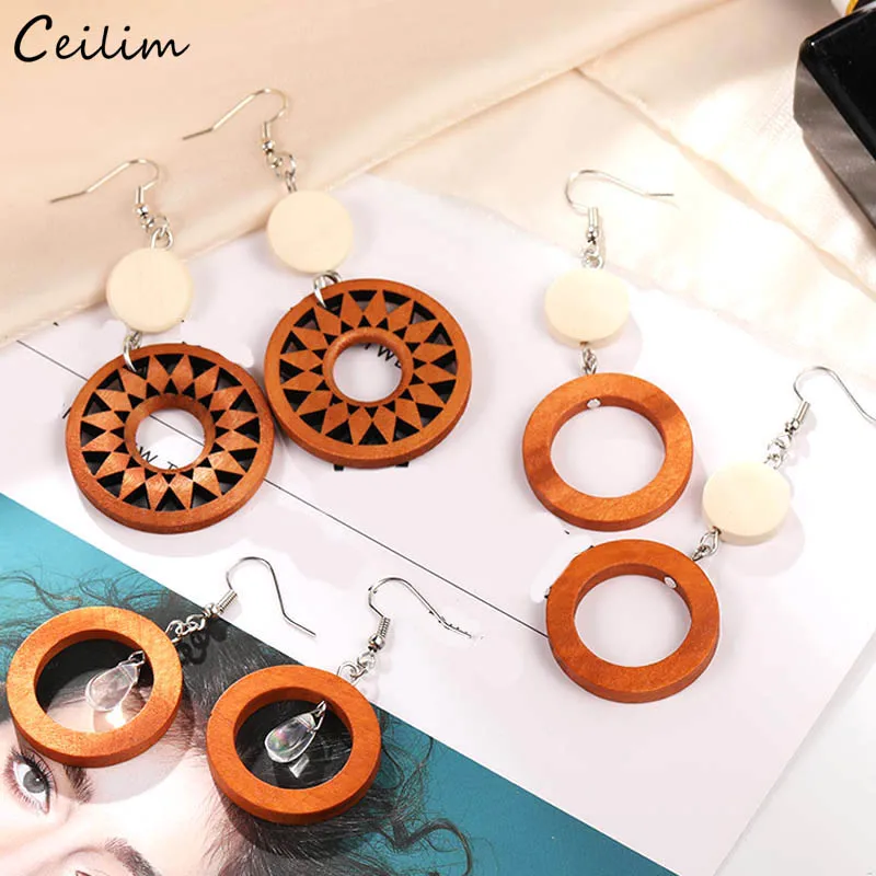 Богемные геометрические полые круглые деревянные серьги для женщин белые