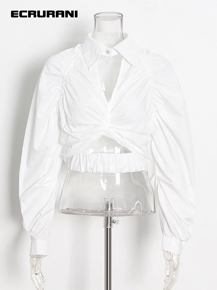 

ECRURANI Minimalist White Fold Pleated Shirt For Women Lapel Long Sleeve Cut Out Slim Casual Blouse Female Autumn 2022 Clothing