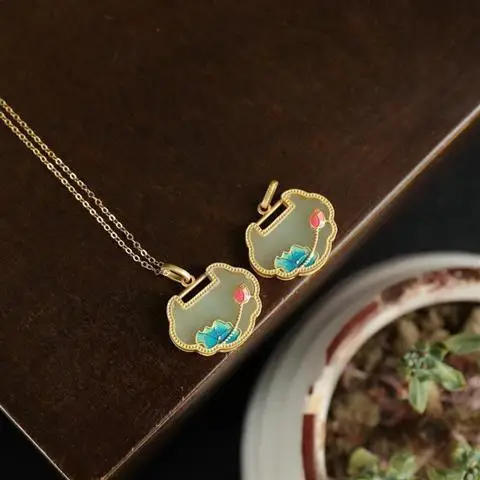 

Hetian Jade Necklace Women's Lotus Safety Lock Long Life Jade Lock Natural Jade Pendant Women's Enamel Antique Pendant,,,,