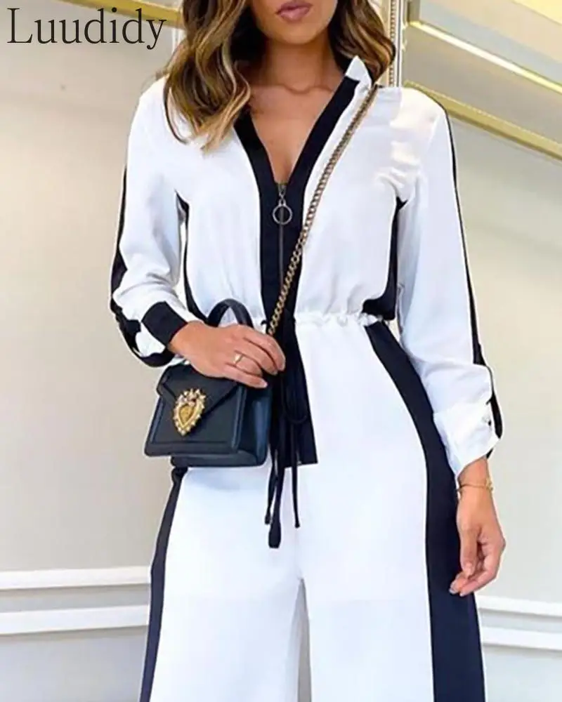 

Women Colorblock Zipper Design Long Sleeve Wide Leg Jumpsuit Fashion Causal Romper