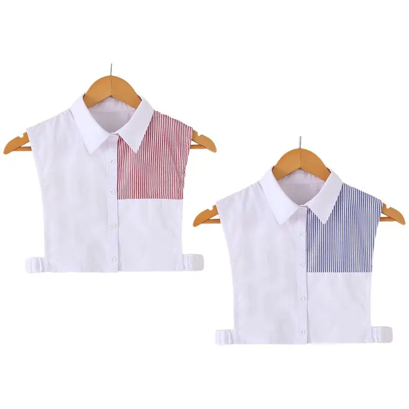 

Womens Stripes Color Block Cotton False Fake Collars Pointed Lapel Adjustable Button Down Detachable Half-Shirt Blouse