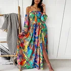 Платье женское шифоновое в богемном стиле, пляжный Сарафан Макси с открытыми плечами, разноцветным цветочным принтом, с длинным рукавом и разрезом, лето