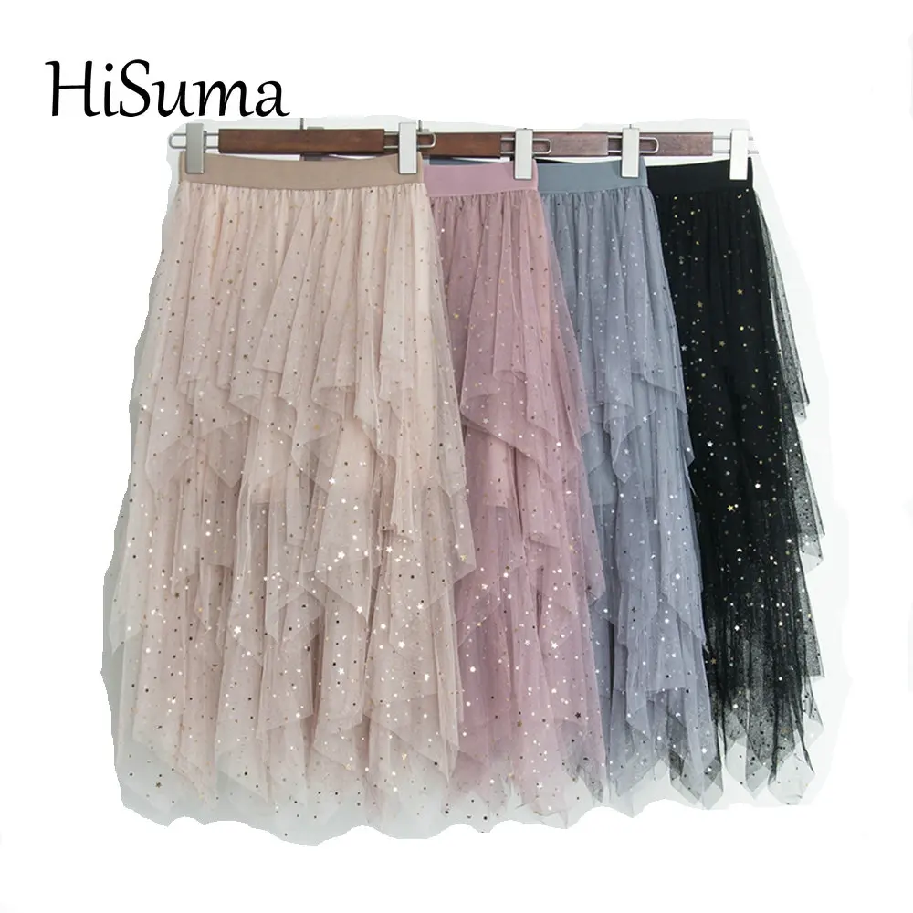 

Новинка весна-лето 2018, женские кружевные юбки с блестками и звездами, Женская Однотонная юбка с высокой талией, асимметричная сетчатая Мила...