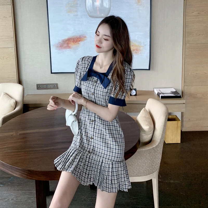 

Han edition bow to film school wind pleated dress first love grid hubble-bubble sleeve party girl skirt