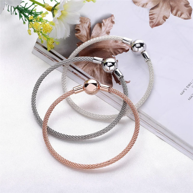 

Hot Real 925 Sterling Silver New Classic Round Head Letter Silver Silk Woven Bracelet Fit Charms Bracelets Women DIY Jewelry