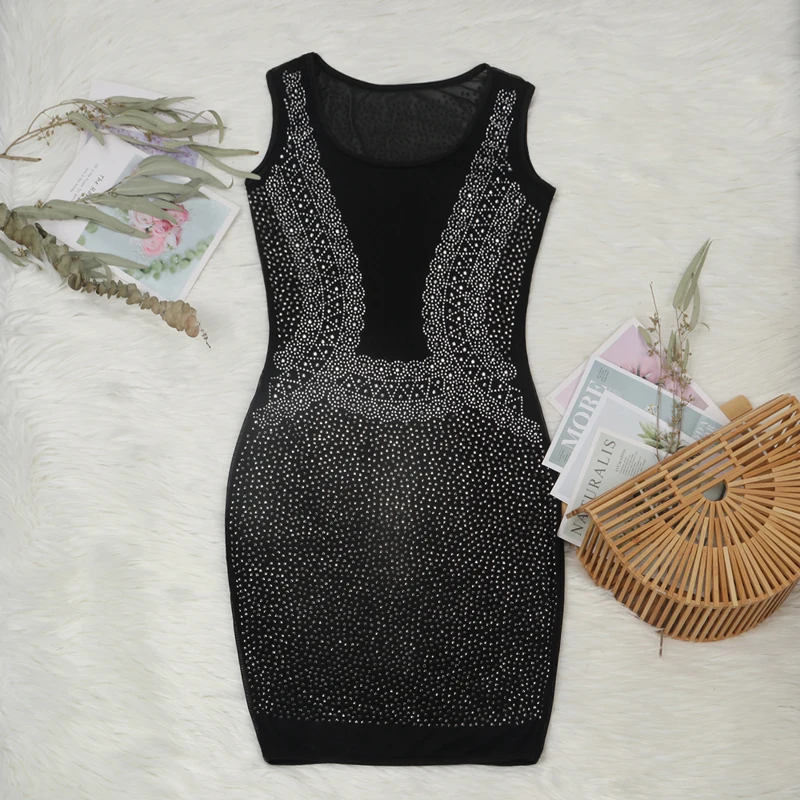 

Rhinestone Bodycon Sexy Mini Dress Women See Through Sheer Mesh Party Club Dresses Summer Elegant Sleeveless Short Dress Female