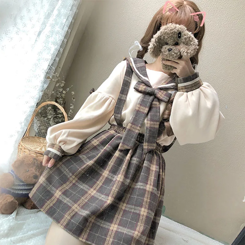 Японский стиль, винтажные клетчатые юбки на подтяжках, Harajuku, милые юбки с высокой талией, женские трапециевидные Повседневные мини-юбки для девочек