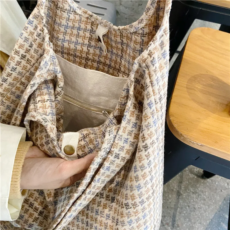 

Eco Reusable Canvas Women Shopping Bags Contrast Color Plaid Ladies Shoulder Vest Bag Large Capacity Female Casual Tote Handbags