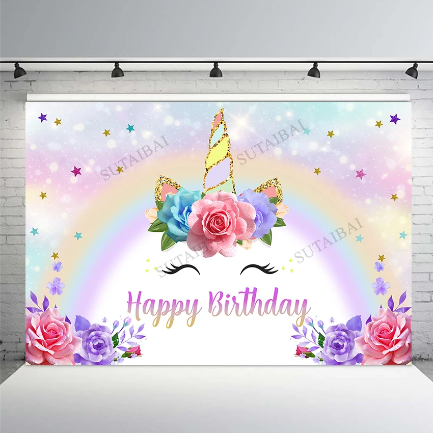 

Flower Unicorn Birthday Party Photography Background Baby Shower Rainbow Star Shining Photographic Backdrop Poster Photo Booth