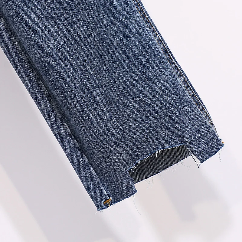 Women's High Waist Jeans Fashion Plus Size Spring and Autumn Blue Slim Irregular Cropped Trousers Elastic Straight Long Pants