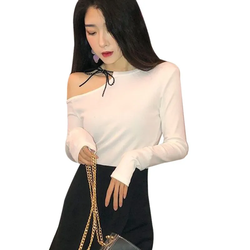 Новая модная белая футболка сексуальный вырез косой воротник плечевой ремень на