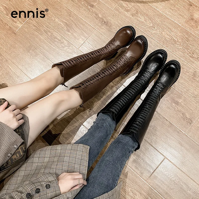 

ENNIS Brand Black Knee High Boots Genuine Leather Martin Boots Women Lace Up Motorcycle Boots Winter Square Toe Shoes Brown L4A