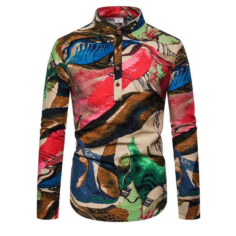 Мужская рубашка с воротником-стойкой и длинными рукавами Новый Повседневный