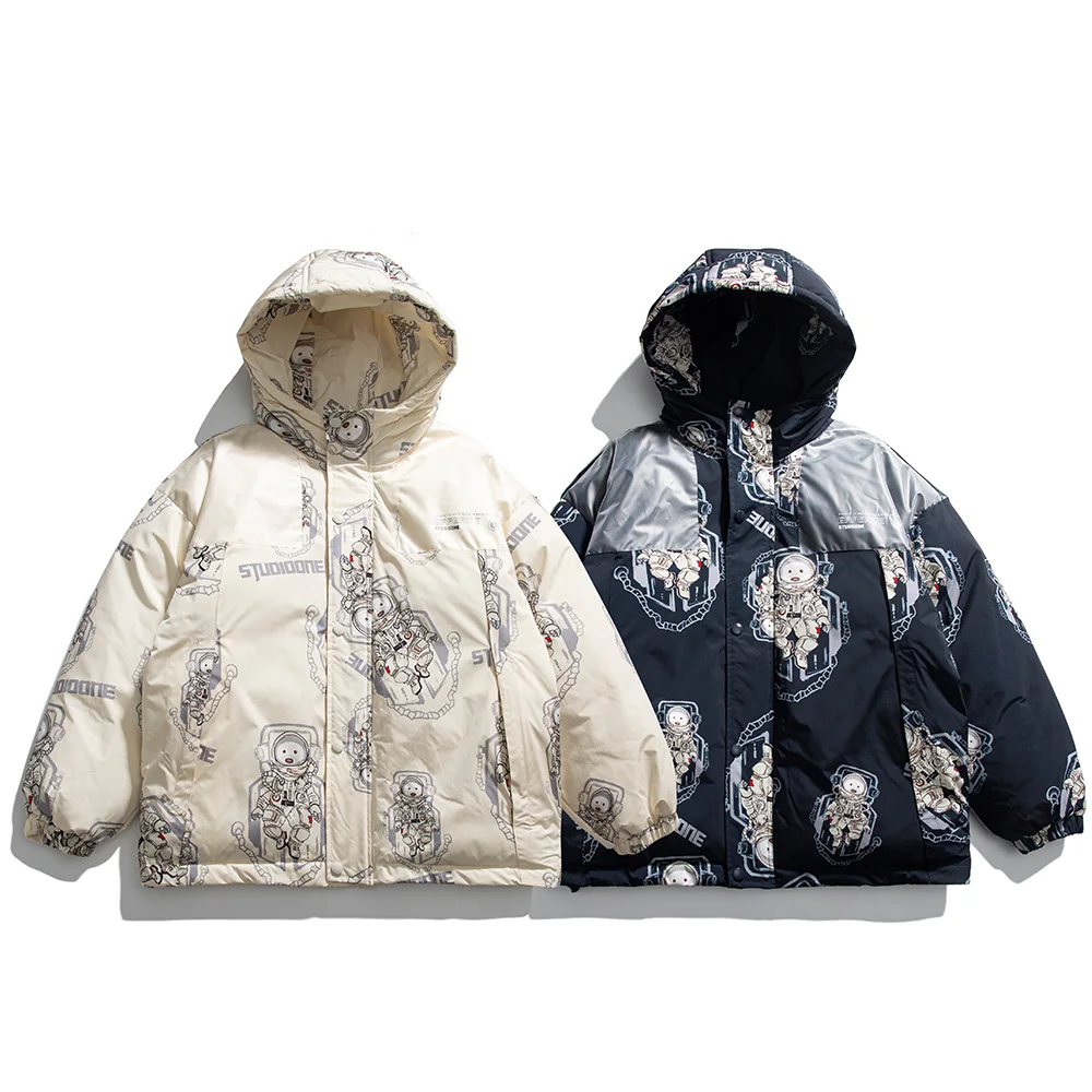 Aolamegs Hooded Winter Jacket Men Cute Cartoon Print College Style Parkas Warm Loose Hip Hop Harajuku Cotton Padded Coat Outwear