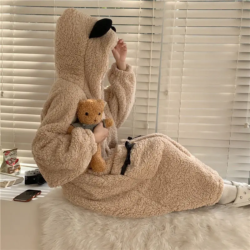 

Coral Fleece Autumn and Winter New Cute Hooded Long-sleeved Long Nightdress Pajamas Plus Velvet Thick Warmth Thick Home Service