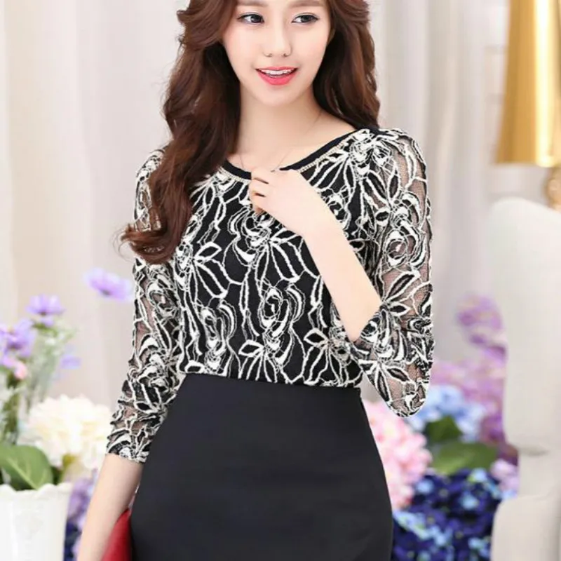 Элегантная винтажная женская рубашка с длинным рукавом вязанная крючком черная