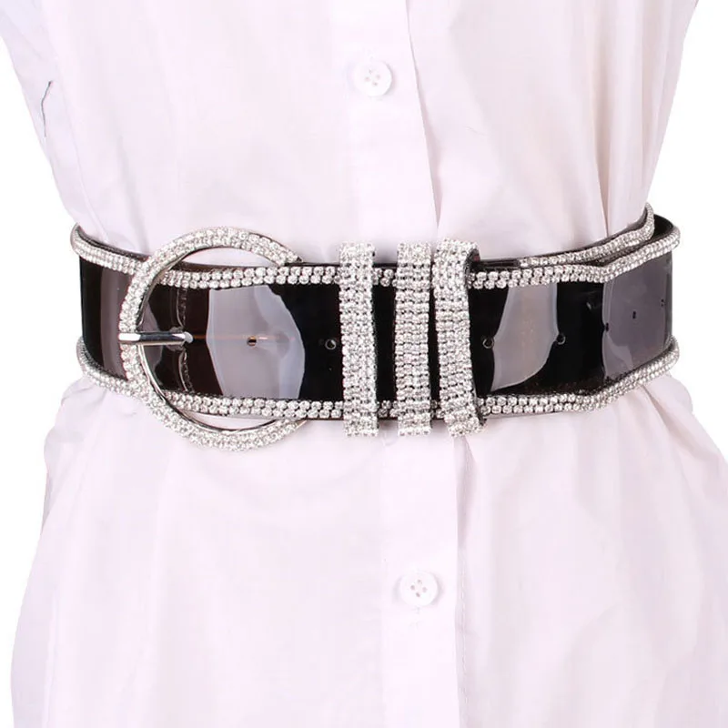 lady luxury Shinny diamond transparent belt fashion jeans dress belt resin big head alloy round pin buckle Adjustable belt women
