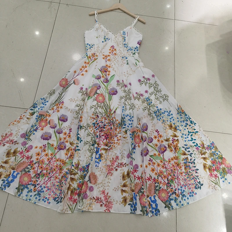 

VGH Floral Print Elegant Split Dress For Women V Neck Sleeveless High Waist Casual Midi Sling Dresses Female 2021 Summer Fashion