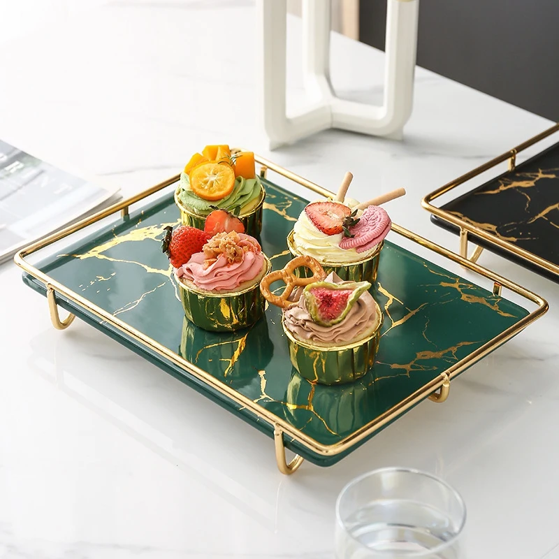 

1Pcs European Marble Style Storage Tray Luxury Ceramic Dessert Table Shelf Tea Cup Food Jewelry Cosmetic Storage